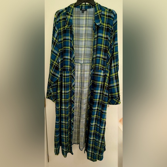 Torrid Blue & Yellow Plaid Long Duster Kimono Shirt Fall Cardigan Size 6 - Picture 1 of 5